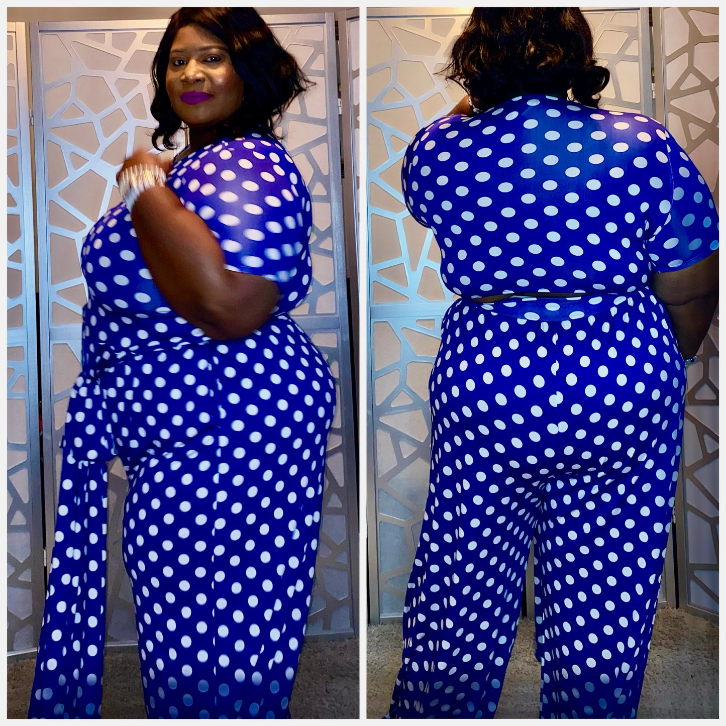 Kurvy Royal Blue & White Polka Dot Two Piece Set